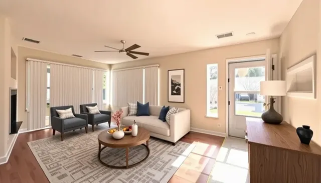 a living room with furniture ceiling fan and a rug