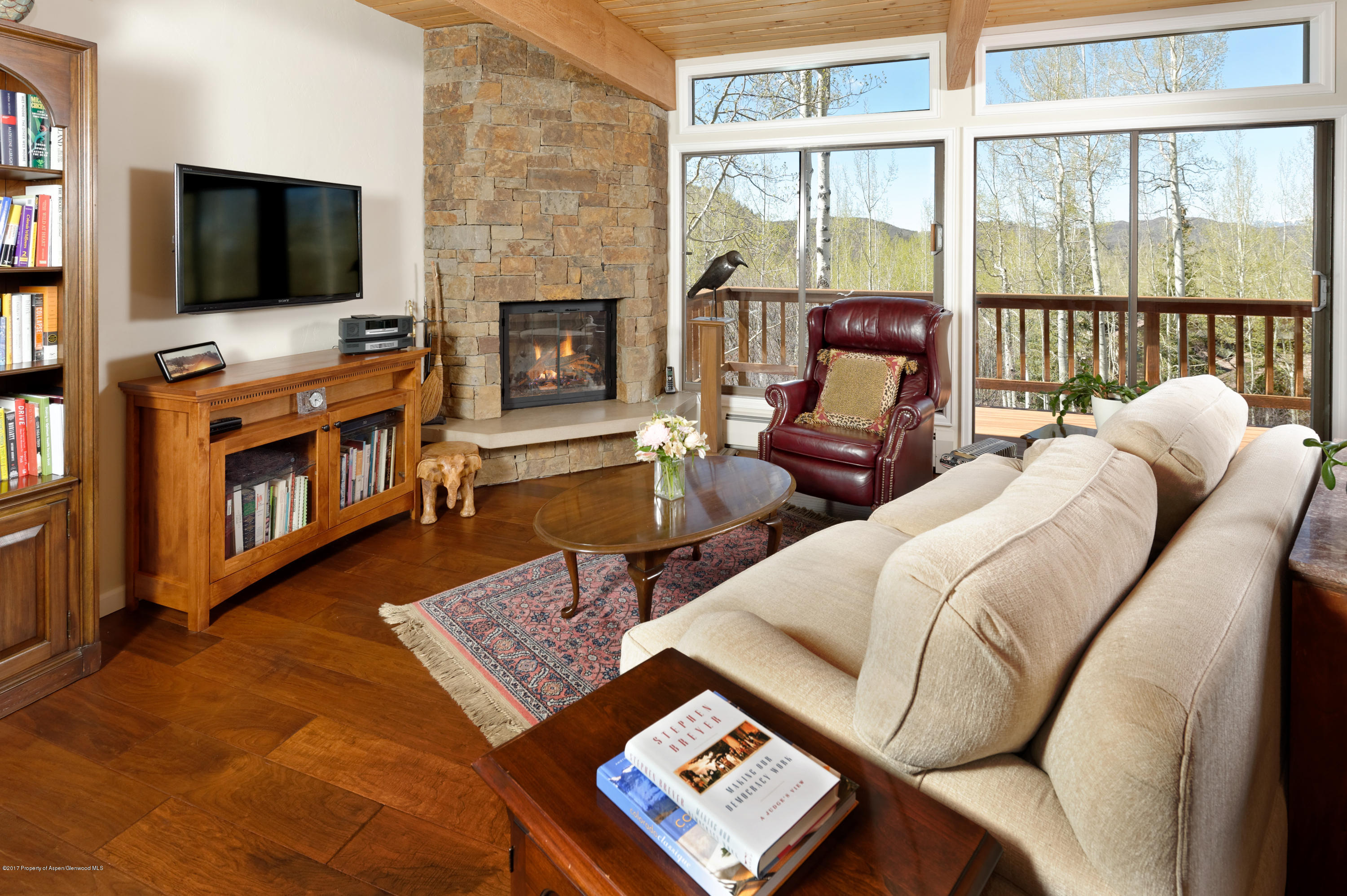 49 Elk Ridge Lane Snowmass Village, CO 81615 - Photo 2 of 24 a living room with furniture a flat screen tv and a fireplace