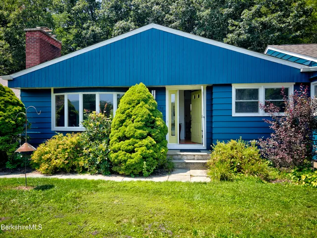 a aerial view of a house with a yard plants and large tree