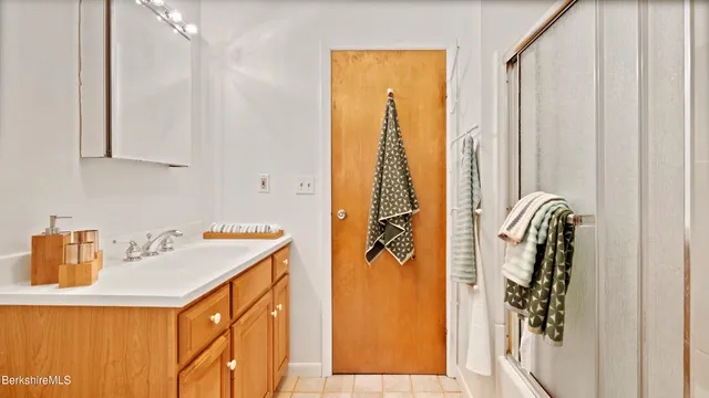 a bathroom with a sink a mirror and a shower