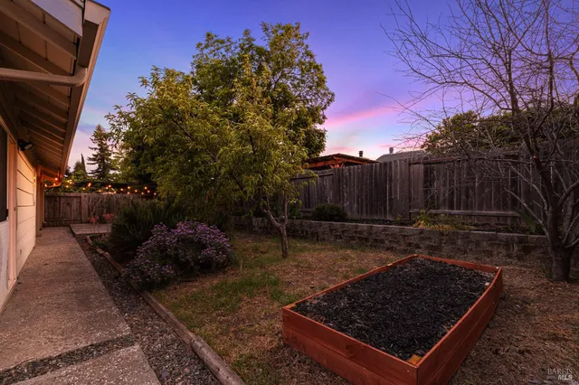 a view of a backyard with plants and a patio
