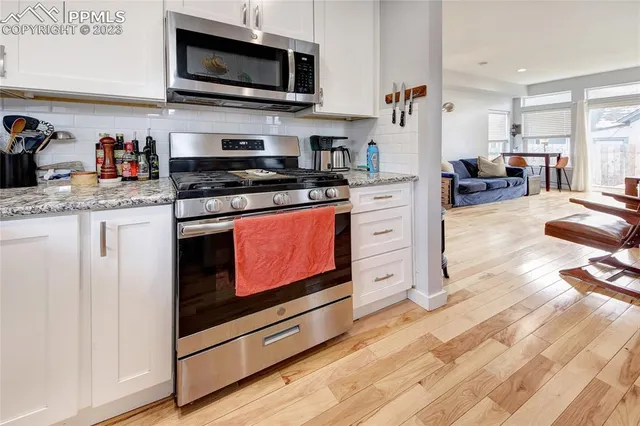 a kitchen with stainless steel appliances a stove a microwave and cabinets