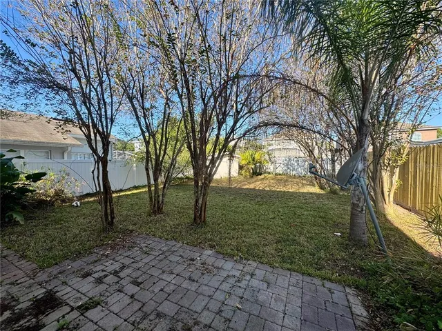 a view of a yard with plants and trees