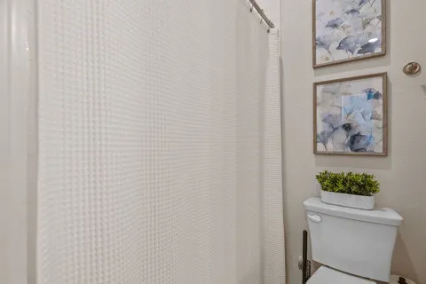 a wall with a painting on the wall and a potted plant