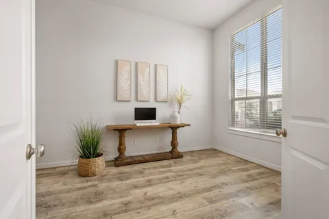 a living room with furniture and a potted plant