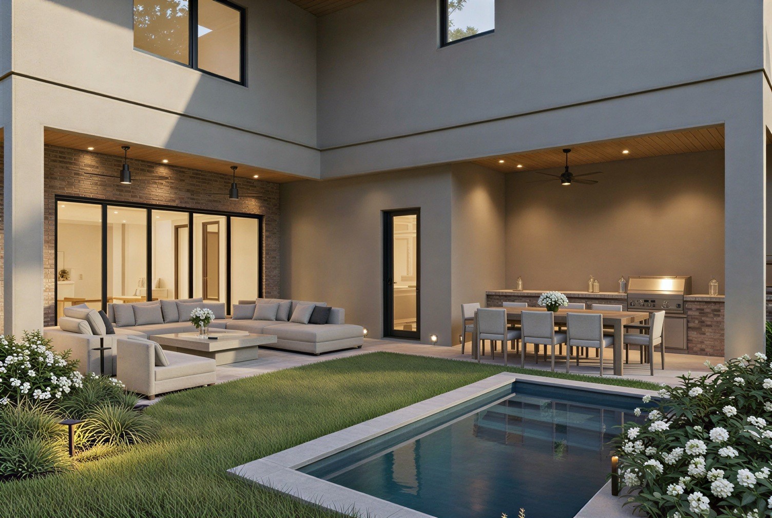 2247 Chilton Road Houston, TX 77019 - Photo 12 of 12 Rendering: Back yard at dusk with pool. (Pool is optional and not included in base price)