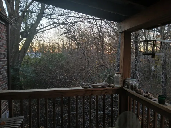 a view of a yard from a balcony