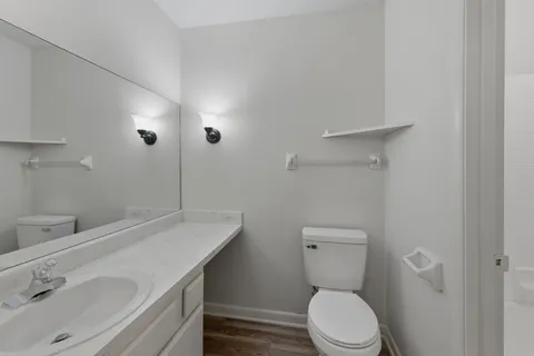a bathroom with a sink a toilet and a mirror