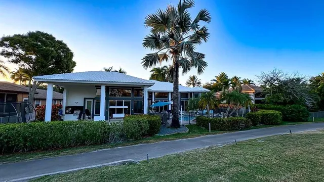 a view of a building with a patio