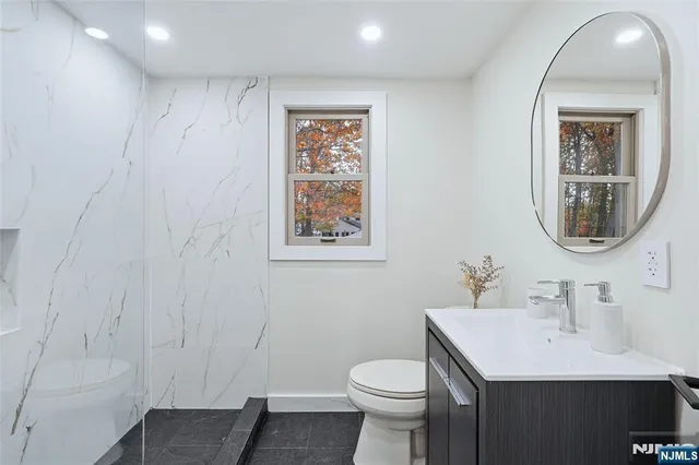 a bathroom with a toilet a sink and mirror