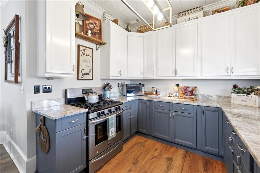 275 Strippling Street Ball Ground, GA 30107 - Photo 13 of 40 a kitchen with stainless steel appliances granite countertop a stove a sink and a white cabinets