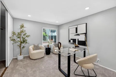 a living room with furniture and a potted plant
