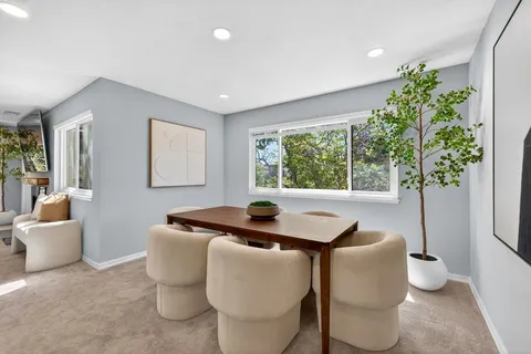 a living room with furniture and a potted plant