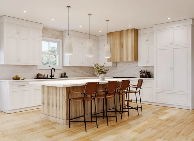 a kitchen with a table chairs sink and cabinets