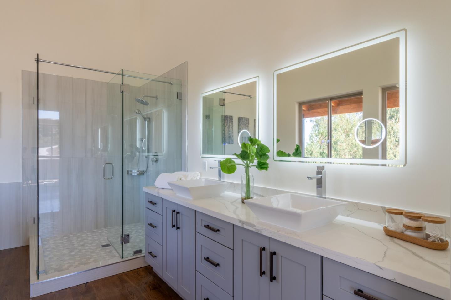 9020 Hidden Canyon Road Salinas, CA 93907 - Photo 40 of 58 a bathroom with a granite countertop sink mirror and shower