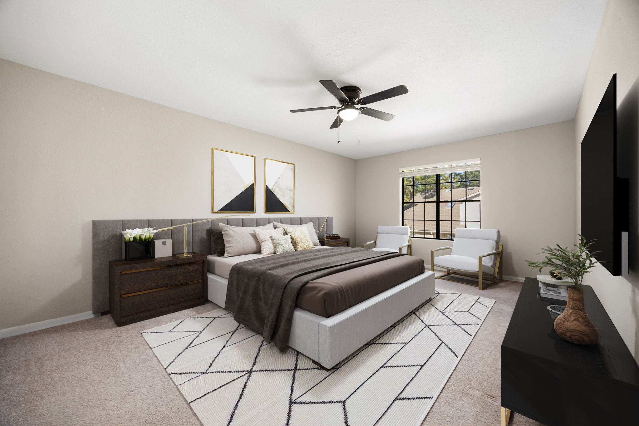 16919 Chapel Pines Drive, Unit 128 Spring, TX 77379 - Photo 13 of 24 This bright and tranquil primary bedroom offers soft neutral tones, and large windows that fill the space with natural light, creating a comfortable and restful retreat.