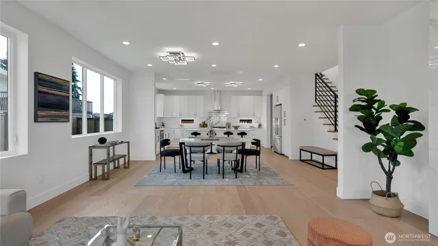 a view of a dining room with furniture