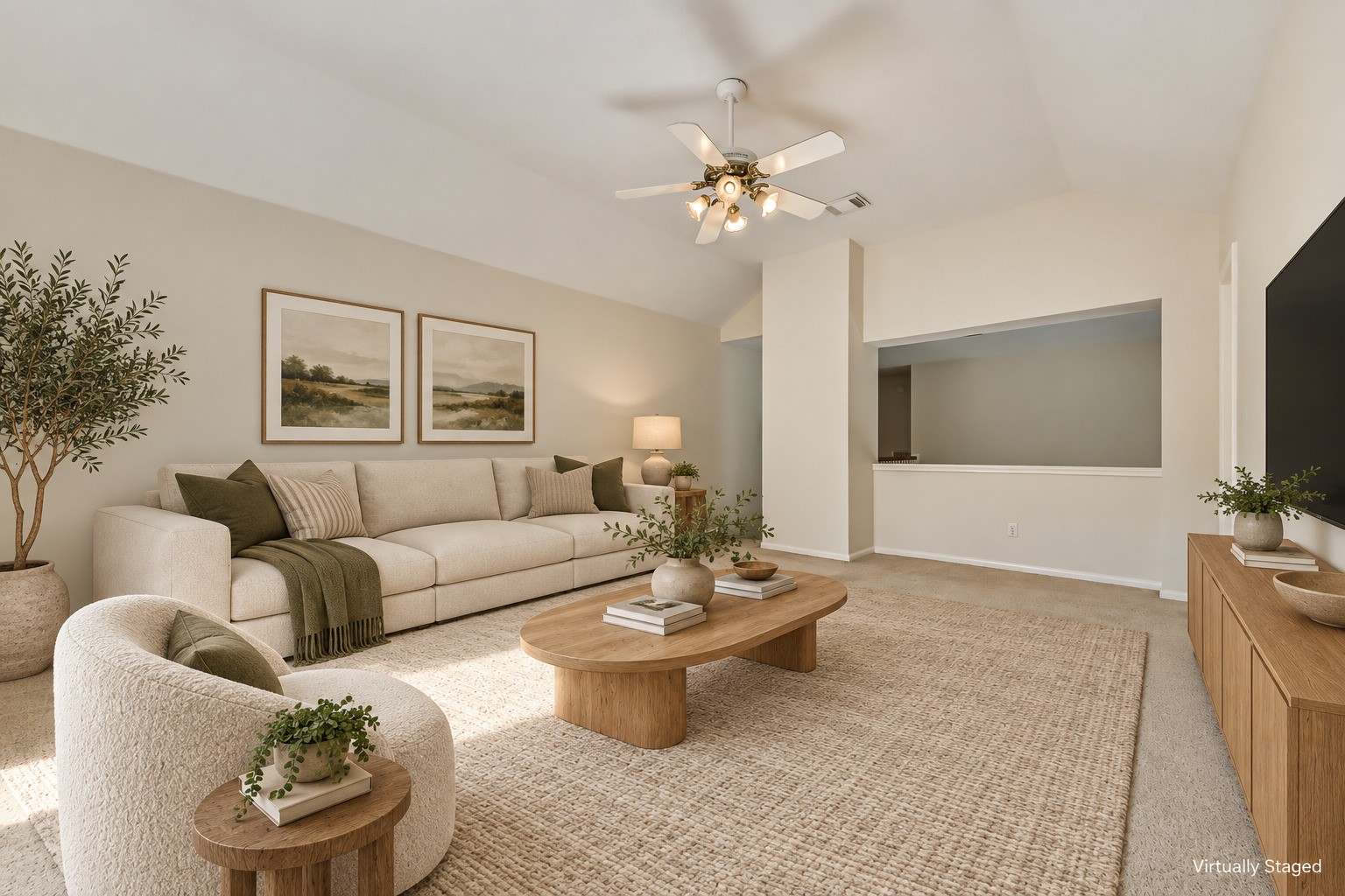 6338 Maple Spring Place Humble, TX 77346 - Photo 32 of 50 Virtually staged — Picture movie nights, game-day gatherings, or a quiet evening upstairs. A vaulted ceiling and arched window give this flexible living space an airy feel and distinctive character.