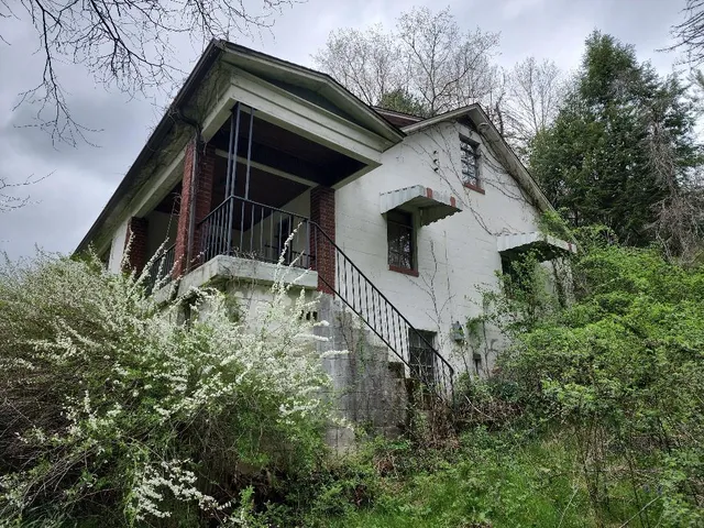 a view of small house with a yard and garage