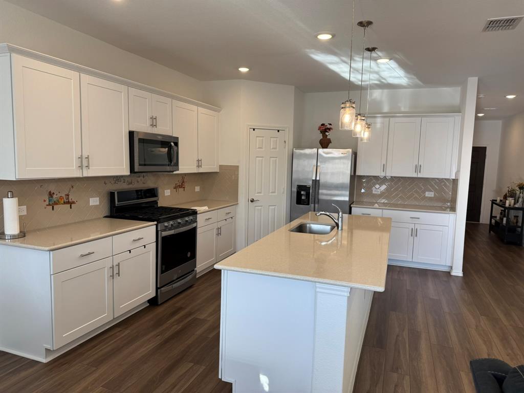 713 Agarita Way Princeton, TX 75407 - Photo 9 of 30 a large kitchen with stainless steel appliances a stove a sink dishwasher a refrigerator and white cabinets with wooden floor