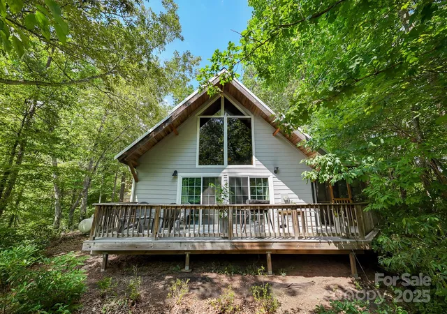 a view of house with a small yard and large trees