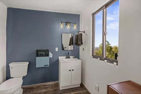 a bathroom with a sink toilet and mirror