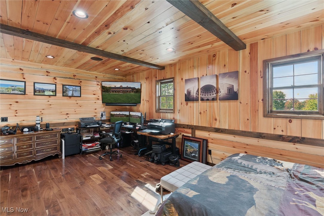 290 Townline Road Aurora, OH 44202 - Photo 24 of 50 Bedroom with wood finished floors, an office area, wood walls, a wood ceiling with exposed beams, and recessed lighting