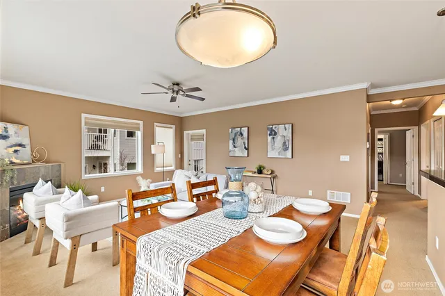 a living room with furniture potted plant and a large window