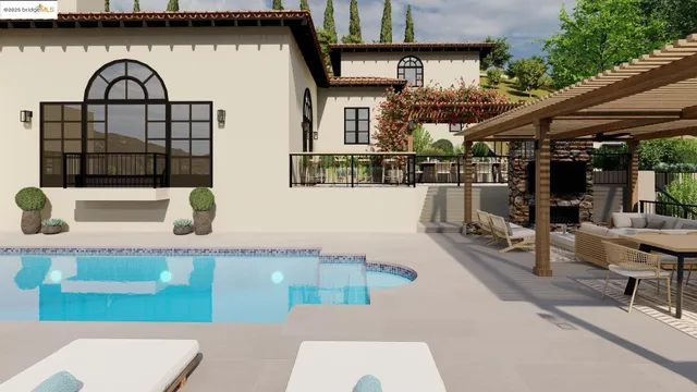 a view of swimming pool with outdoor seating and a window