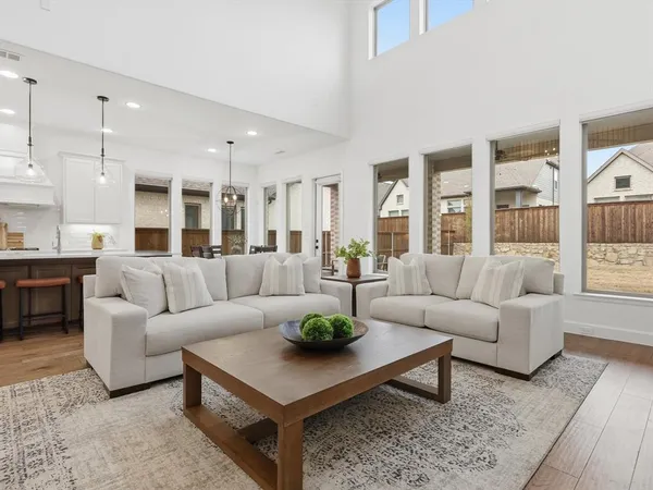 a living room with furniture a rug potted plant and a large window