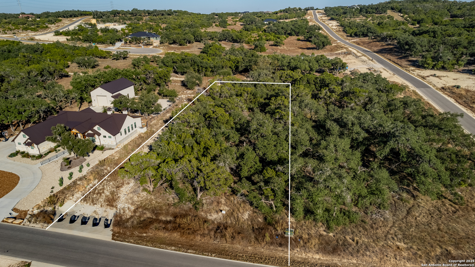 an aerial view of a residential houses with outdoor space and trees