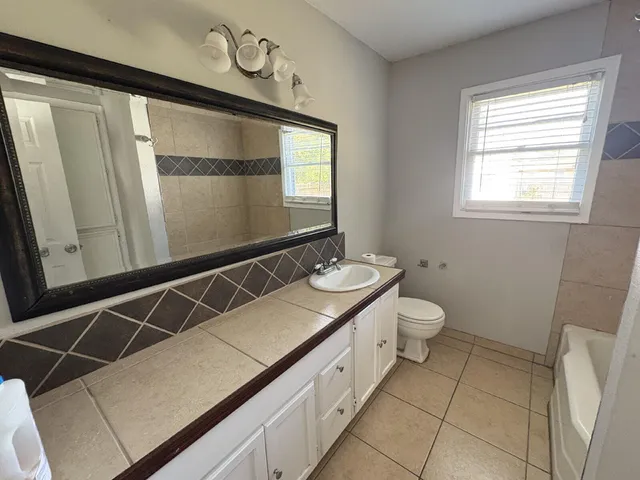 a bathroom with a sink a toilet and a mirror