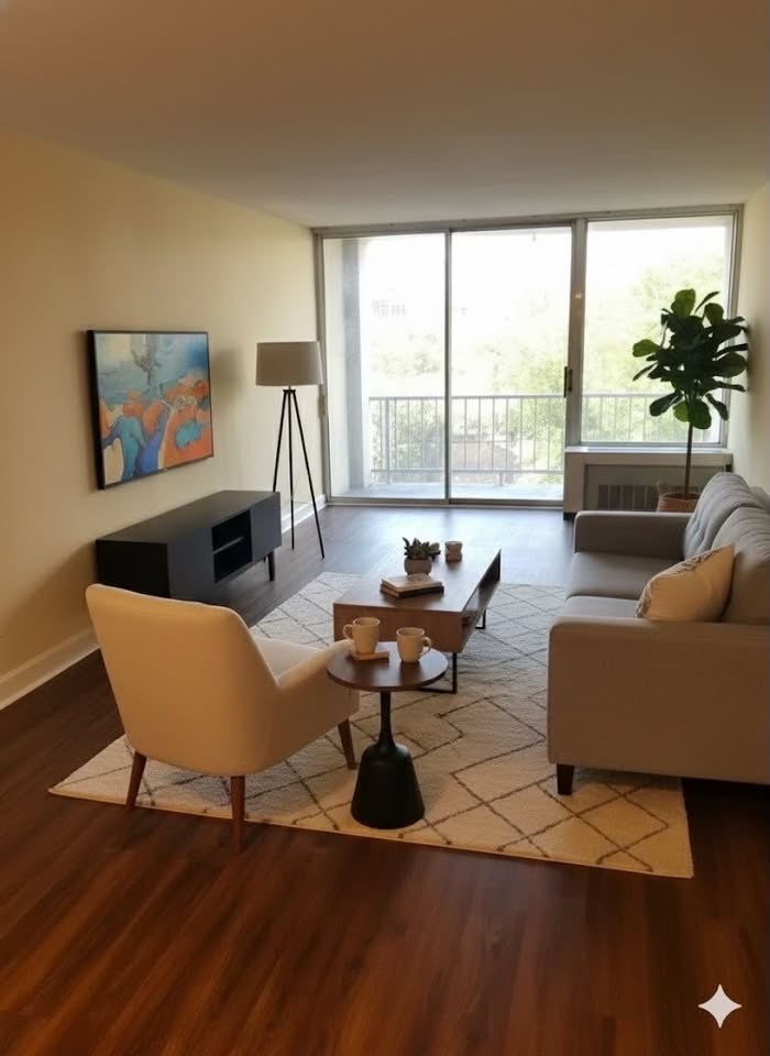 1043 South York Road, Unit 208 Bensenville, IL 60106 - Photo 2 of 5 a living room with furniture and a large window