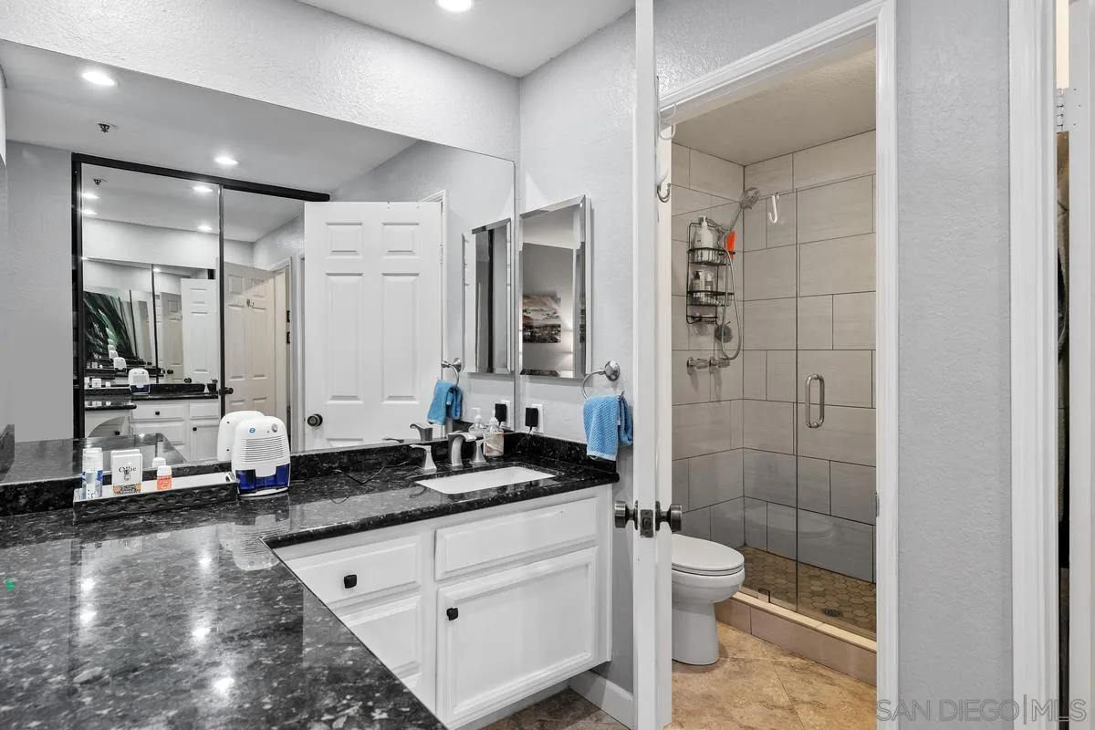 5605 Friars Road, Unit 308 San Diego, CA 92110 - Photo 17 of 39 a bathroom with a double vanity sink toilet mirror and bathtub