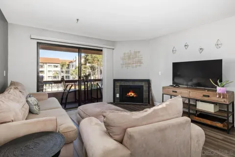 a living room with furniture a flat screen tv and a fireplace