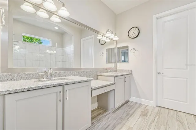 a bathroom with a sink vanity and a mirror