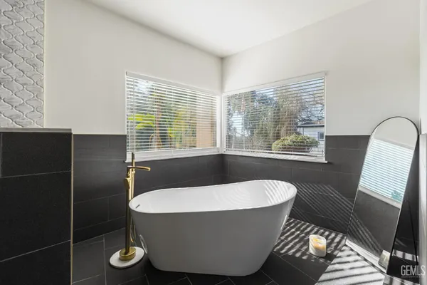 a view of a bathtub in a room