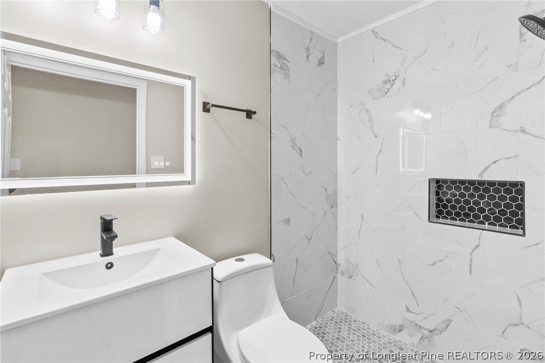 402 Gainey Road Raeford, NC 28376 - Photo 20 of 30 a bathroom with a toilet a sink and mirror