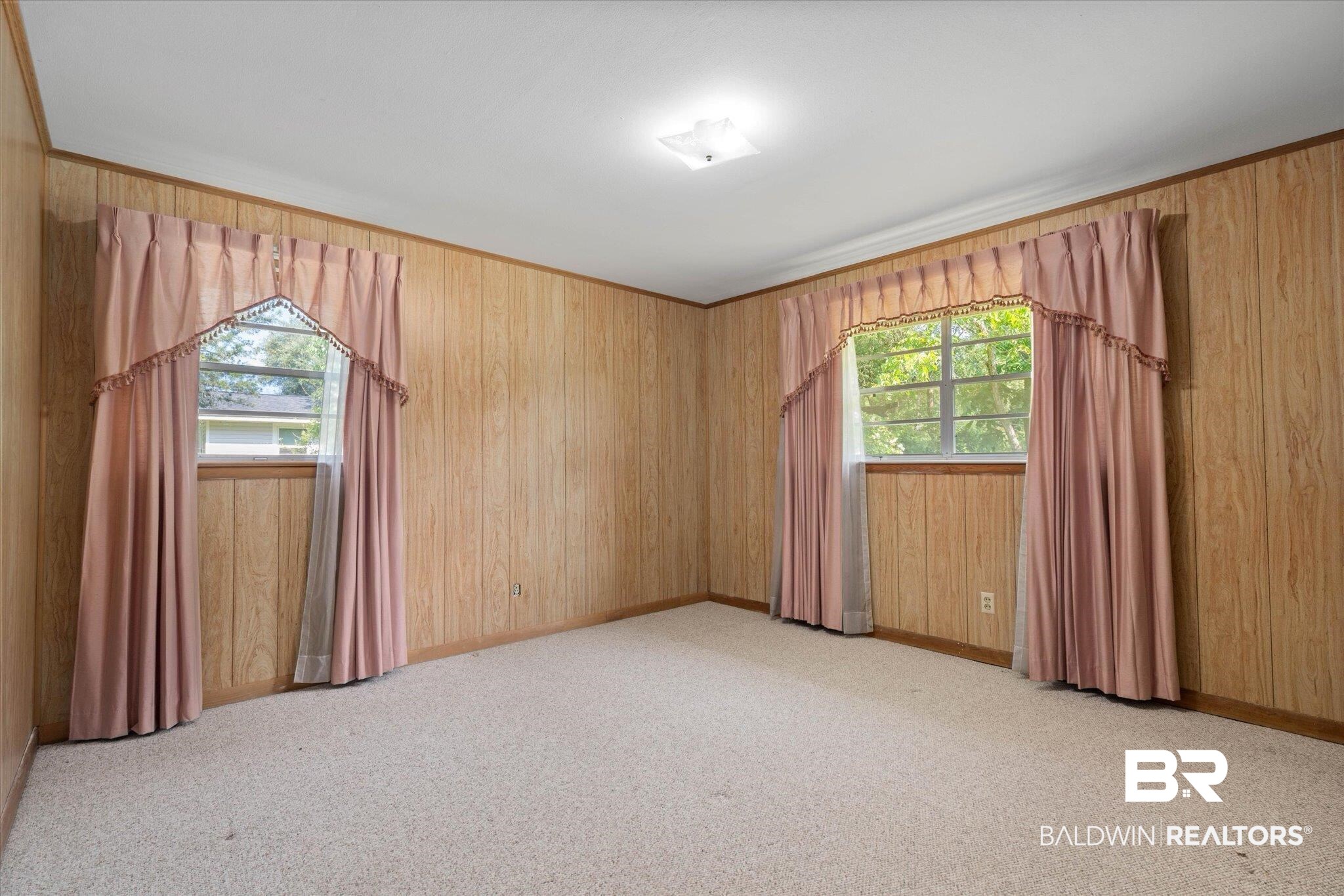 423 First Avenue Saraland, AL 36571 - Photo 10 of 20 Unfurnished room with plenty of natural light, light colored carpet, baseboards, and wood walls