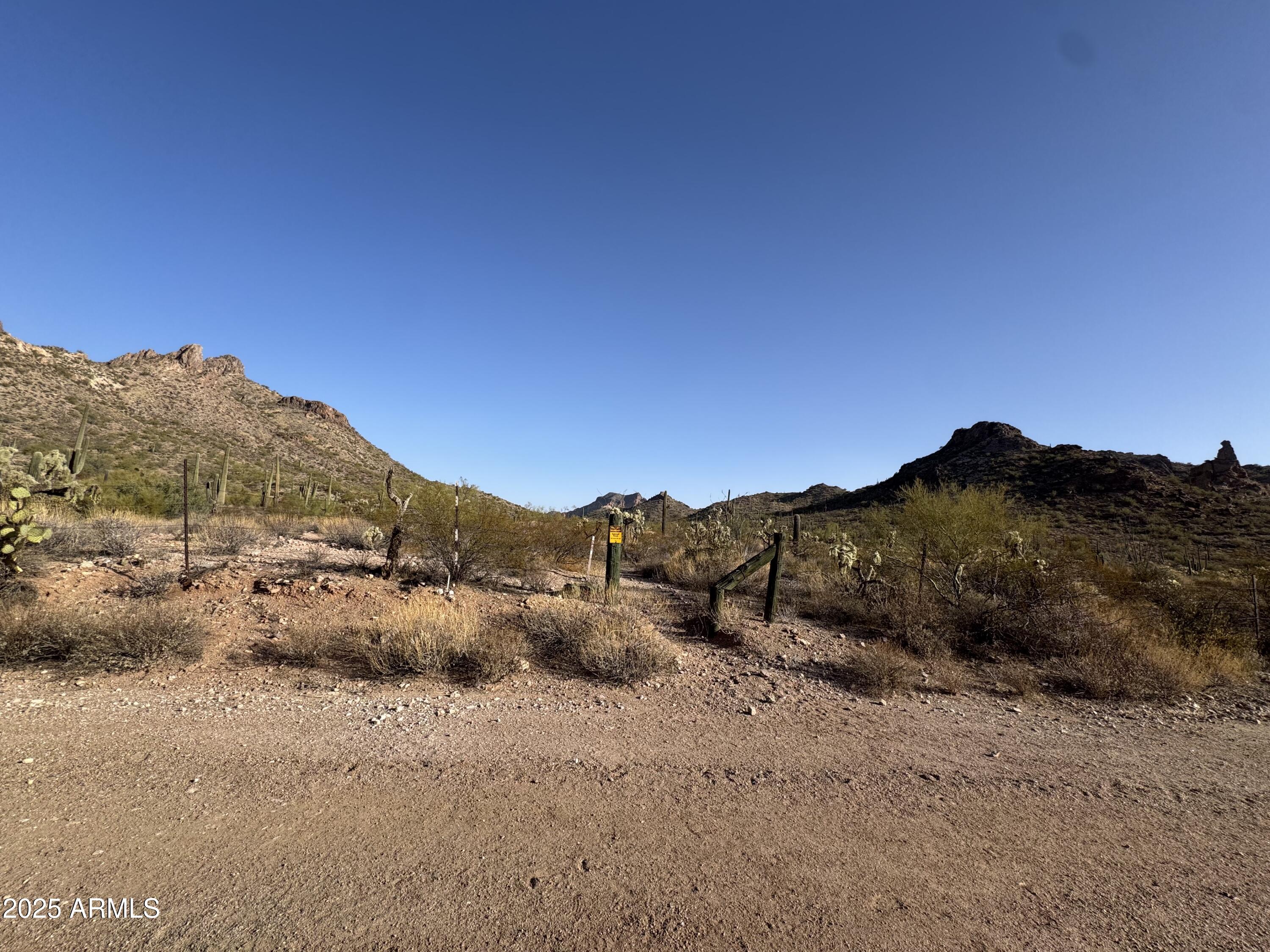 a view of a dry field with mountains in the background