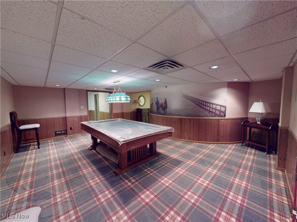 9870 Hobart Road Willoughby, OH 44094 - Photo 35 of 50 Playroom featuring visible vents, billiards, wainscoting, and carpet floors