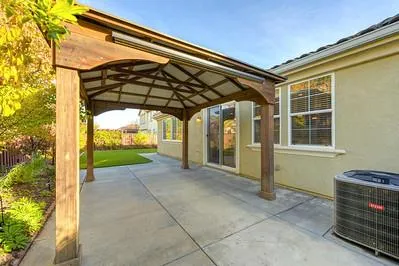 a view of a porch with garden