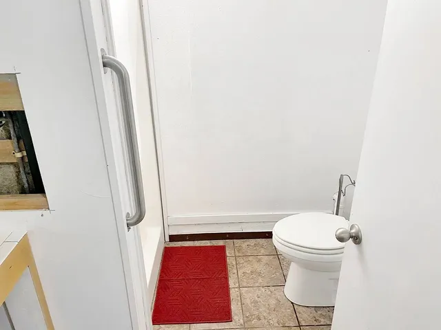 a bathroom with a toilet and a shower