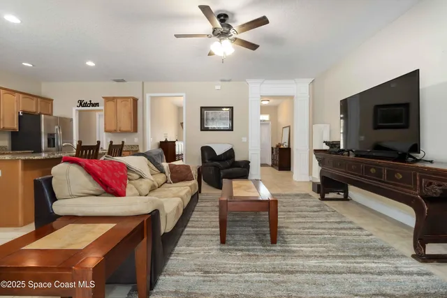 a view of a dining room with furniture