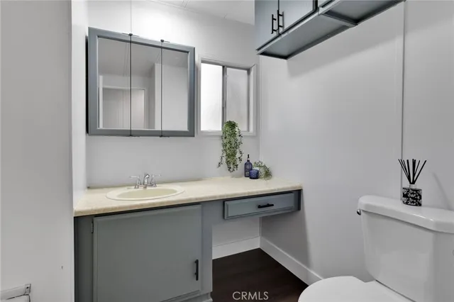 a bathroom with a sink a toilet a mirror and vanity