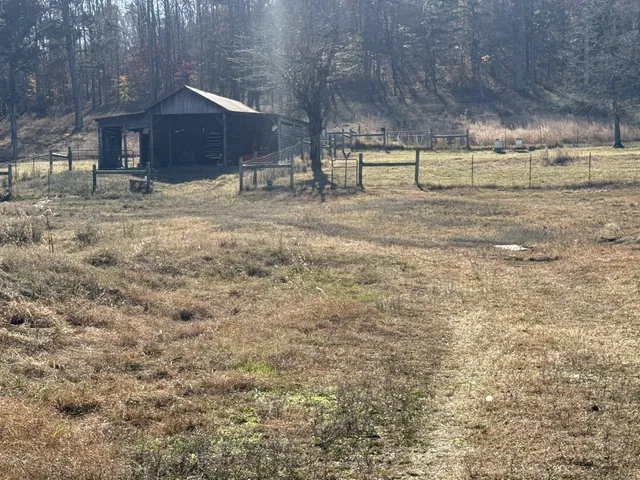 a view of a yard with wooden fence