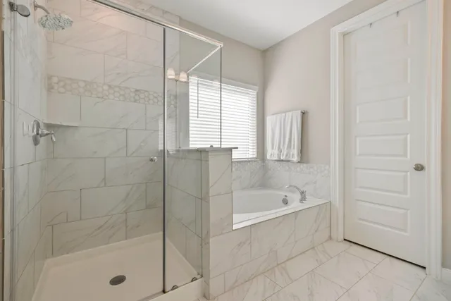 a bathroom with a bathtub and a shower