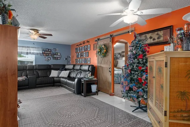 a living room with furniture and a potted plant