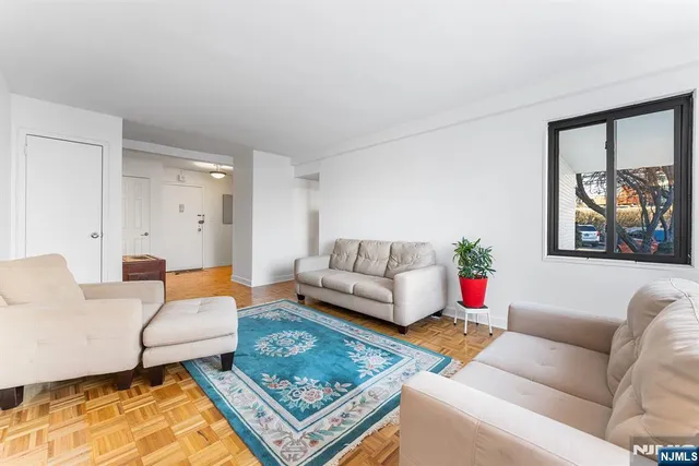 a living room with furniture and a rug