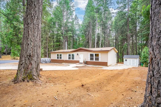 a front view of a house with a yard and large trees